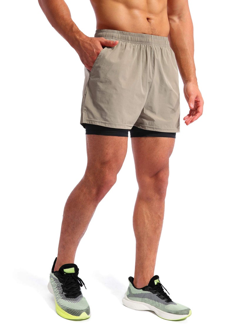 Pudolla Menâ€™s 2 in 1 Running Shorts 5" Quick Dry Gym Athletic Workout Shorts for Men with Phone Pockets(Khaki Medium) - Image 3